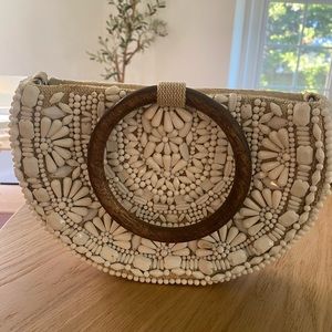 Zara White Beaded Clutch with Brown Handle